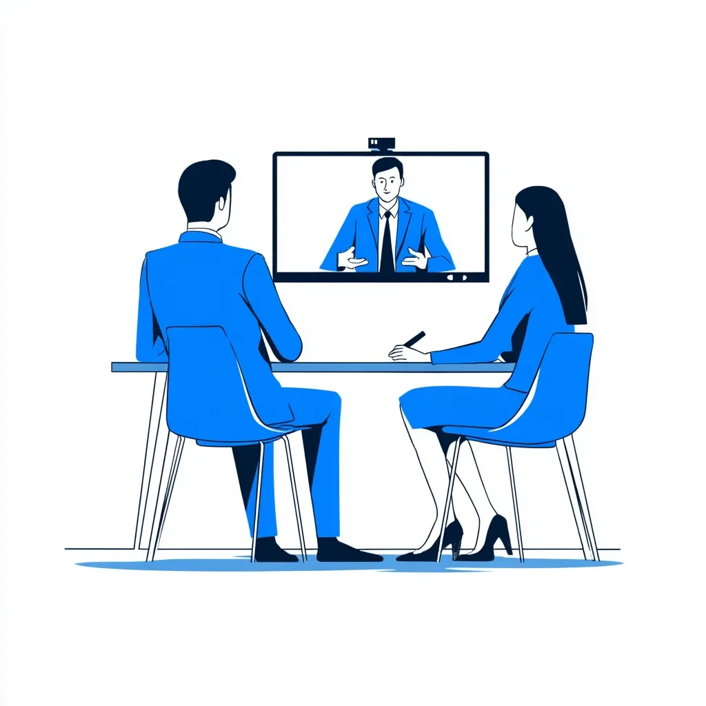 A stylized illustration depicts a virtual meeting. Two businesspeople sit at a table, facing a large screen displaying a male presenter.  The scene is rendered in shades of blue, emphasizing the digital nature of the interaction.  The individuals are positioned with their backs to the viewer, focusing on the screen, suggesting attentiveness and engagement in the online presentation.