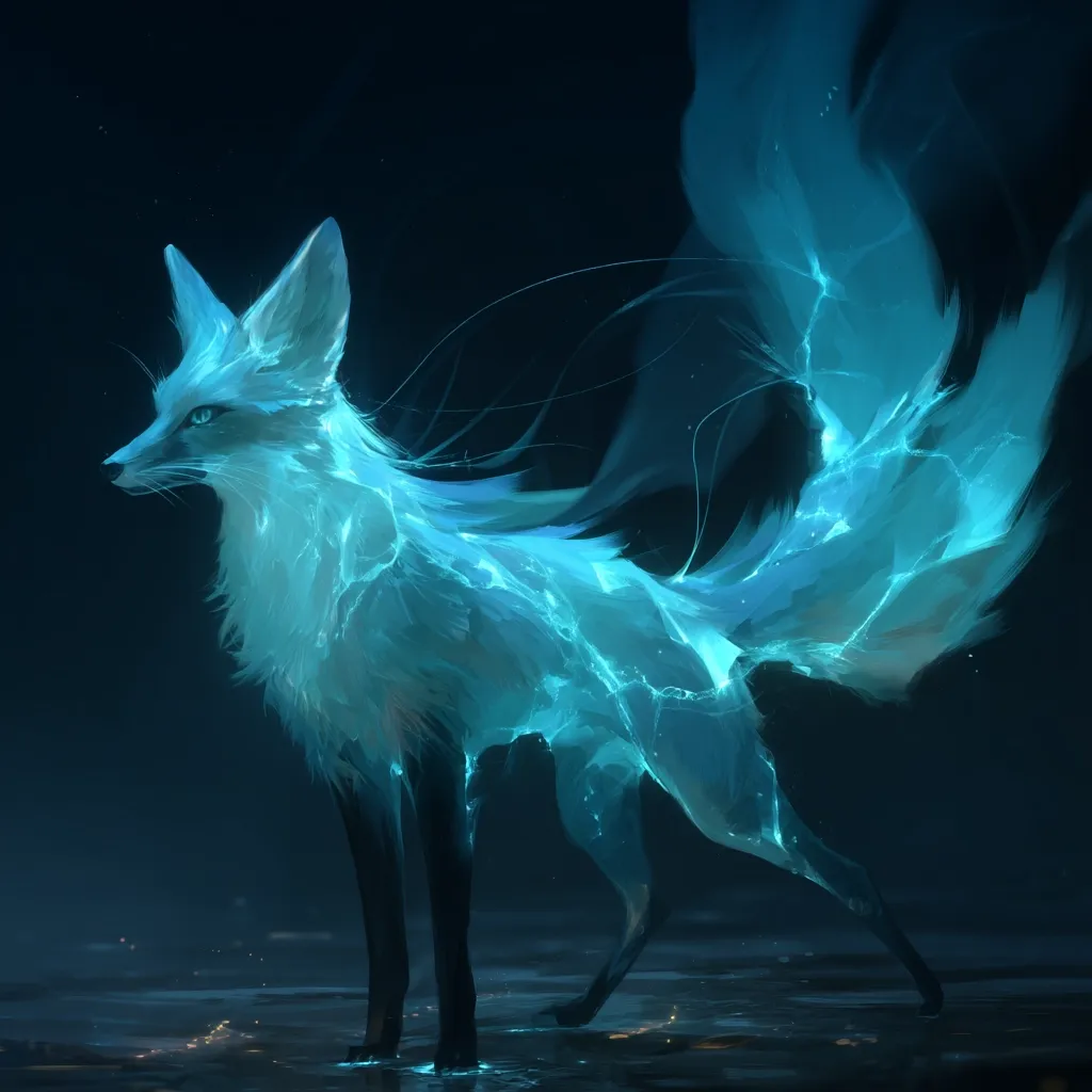A luminous, ethereal fox stands on dark water, its fur resembling glowing, blue energy.  Its long, flowing tail trails behind it like a shimmering nebula.  The creature appears magical and otherworldly, radiating a cool, mystical light against the deep blue background. The overall effect is one of serene fantasy.