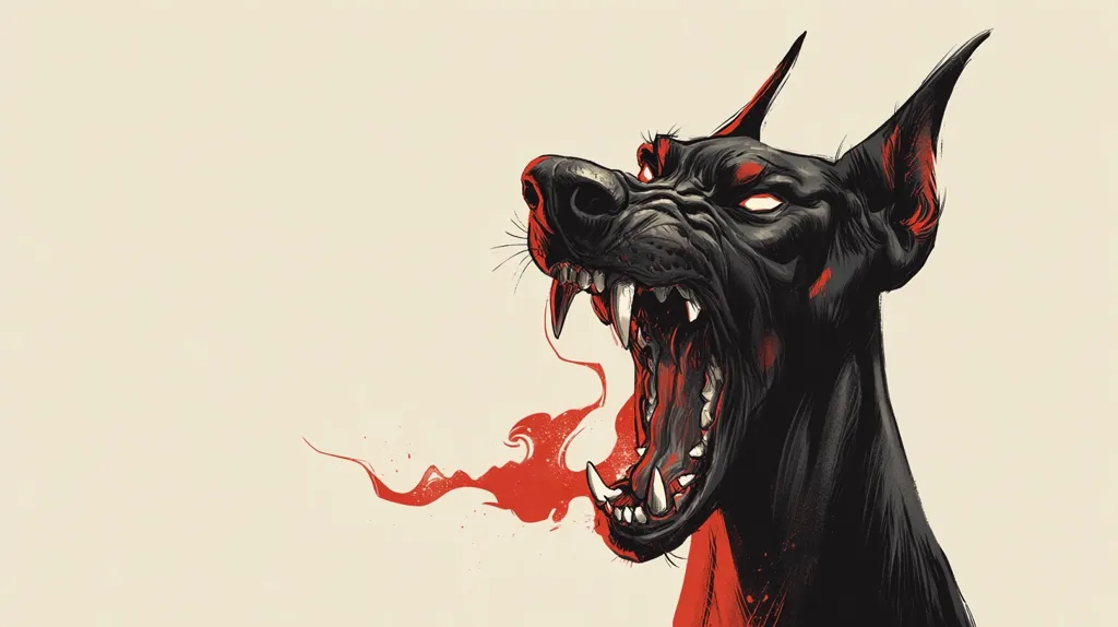 A stylized illustration of a Doberman Pinscher's head, rendered in black and red.  The dog's mouth is agape, revealing sharp teeth, and a fiery red breath emanates from its open jaws.  The overall style is dark and menacing, with a strong emphasis on texture and detail in the fur and teeth. The background is a light beige, providing contrast to the intense image of the snarling canine.