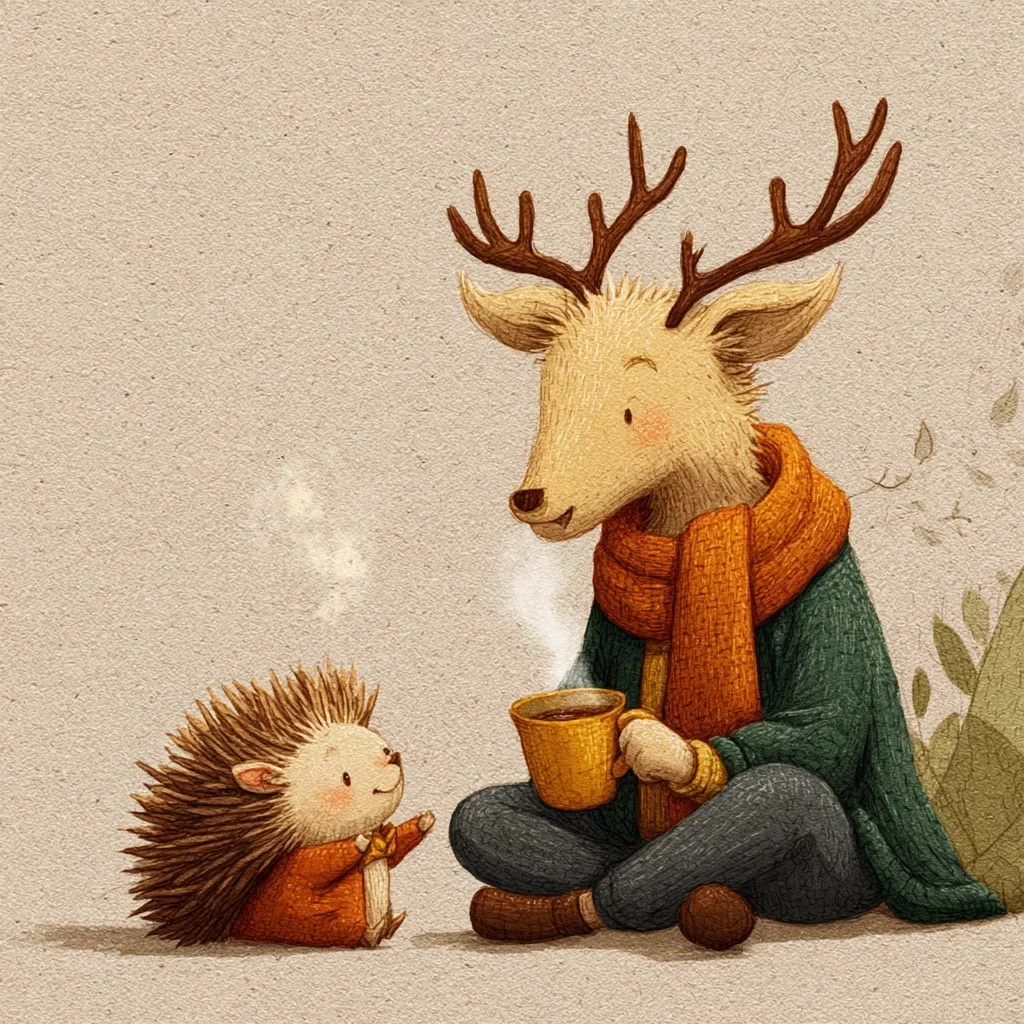 A heartwarming illustration depicts a friendly deer, adorned in a cozy orange scarf and green jacket, sharing a warm drink with a small hedgehog.  The deer sits cross-legged, holding a steaming mug, while the hedgehog, dressed in a miniature orange suit, looks up expectantly. The scene is set against a muted beige backdrop with subtle hints of autumnal foliage. The style is whimsical and charming, evoking feelings of warmth and companionship.
