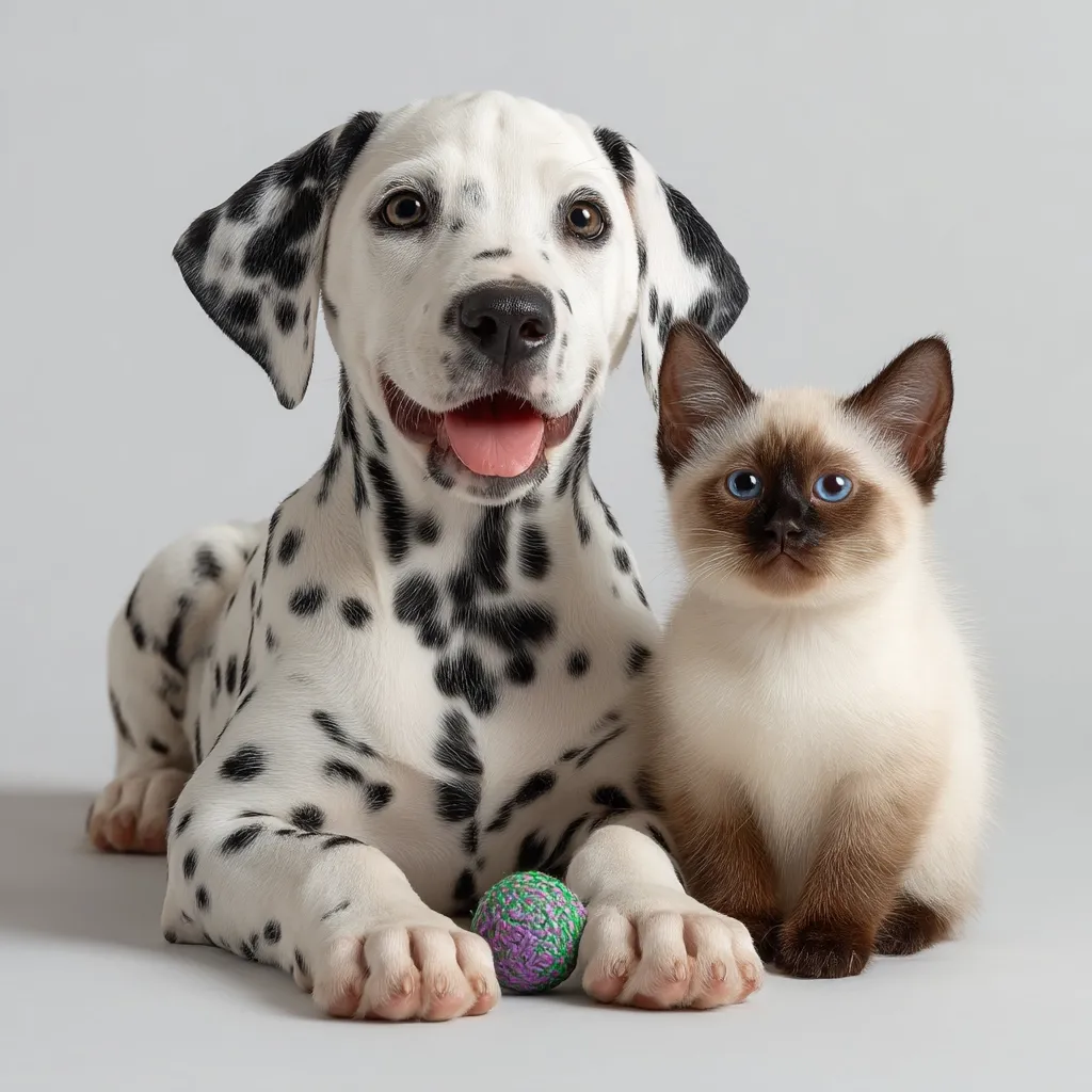 An adorable Dalmatian puppy and a Siamese kitten are posed together against a light gray background.  The puppy is lying down, its tongue slightly out, looking directly at the camera.  The kitten sits beside it, also looking at the camera with wide, blue eyes. A small, colorful ball rests between them.  Both animals appear friendly and playful.