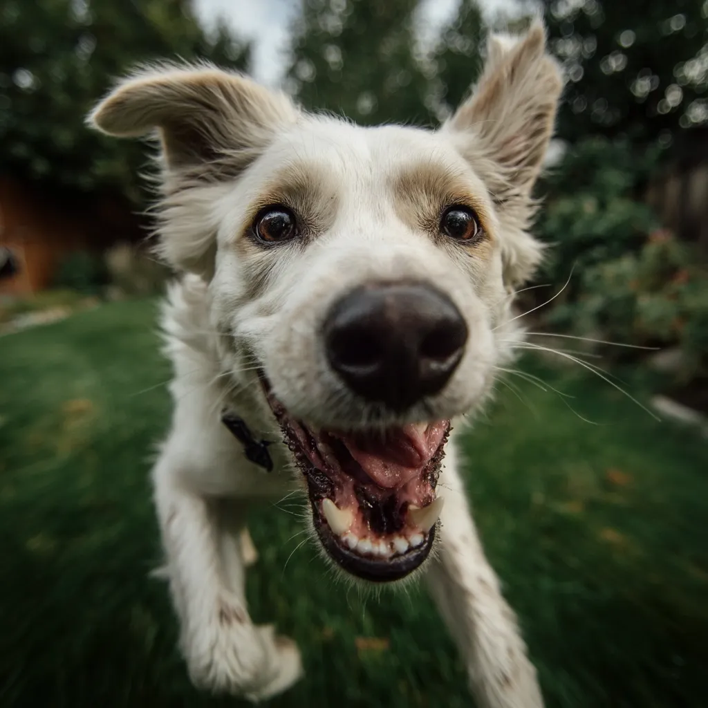 A joyful, white and tan dog with floppy ears bounds towards the camera, its mouth open in a wide, enthusiastic grin.  Its large, expressive eyes and slightly blurred background create a dynamic, playful image, suggesting a moment of carefree energy and canine exuberance. The photo is taken from a low angle, emphasizing the dog's joyful expression.