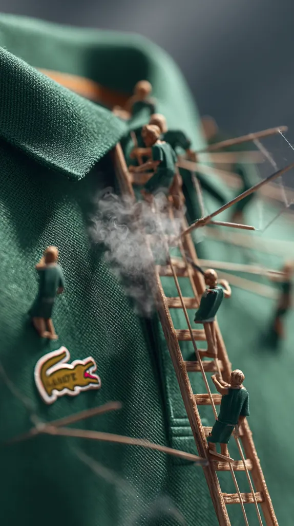 Tiny figures climb a miniature ladder on a dark green Lacoste polo shirt.  Steam rises from the fabric, suggesting ironing or a steaming process. The figures appear to be working on the shirt, creating a whimsical and surreal scene. The Lacoste crocodile logo is prominently displayed.  The overall image is detailed and artistically composed.