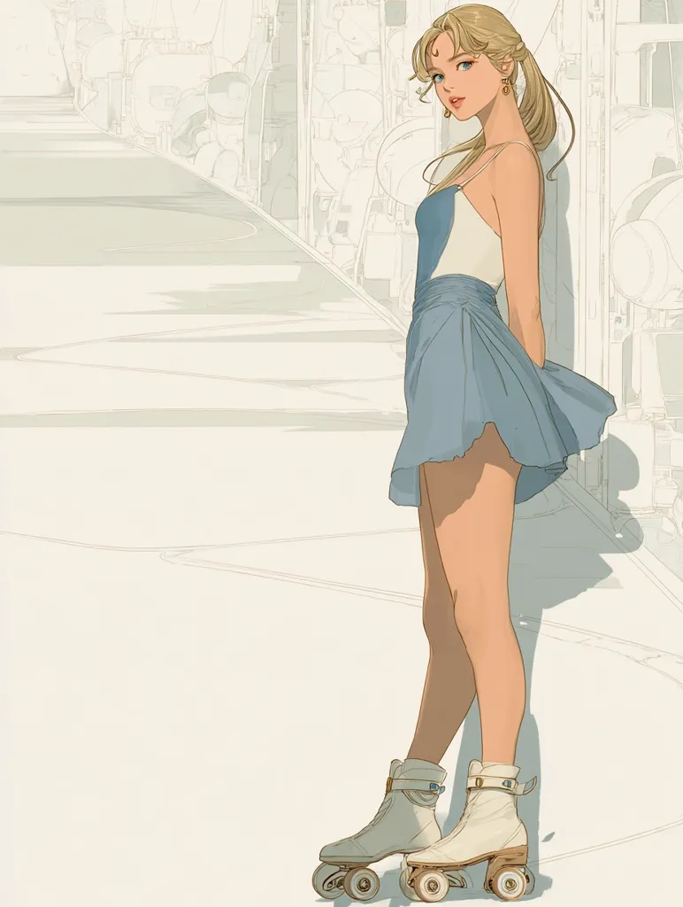 An anime-style illustration depicts a young woman with blonde hair, wearing a light blue sundress and white roller skates. She stands gracefully, her posture suggesting a moment of quiet contemplation.  The background features a blurred, abstract setting reminiscent of industrial machinery or a futuristic cityscape, creating a contrast between the ethereal figure and her surroundings. The overall aesthetic is soft and dreamy.