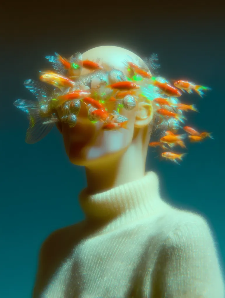 A surreal image depicts a mannequin's head and shoulders adorned with a multitude of goldfish.  The fish, seemingly translucent and vibrant, cluster around the mannequin's face, obscuring its features. The mannequin wears a pale, cream-colored turtleneck sweater. The backdrop is a muted teal, enhancing the ethereal and dreamlike quality of the composition. The overall effect is one of both beauty and unease.