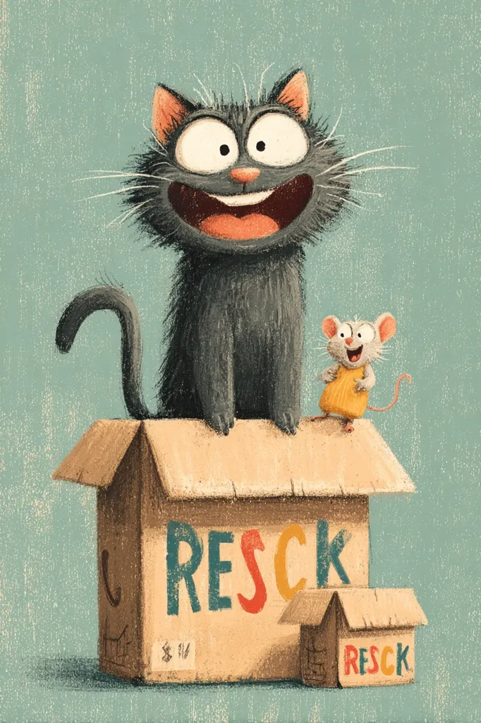 A whimsical illustration features a large, grinning black cat perched atop a cardboard box labeled "RESCK." A smaller, cheerful mouse in a yellow shirt sits beside the cat.  Both animals appear joyful. The box is slightly worn, adding to the charming, slightly quirky style of the artwork. A smaller, similar box sits below the larger one.  The background is a muted teal.
