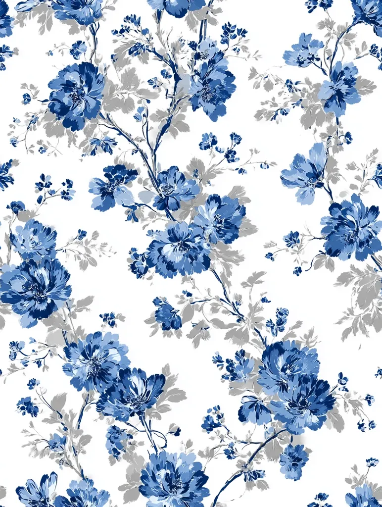 A seamless floral pattern showcases vibrant blue and grey flowers on a crisp white background.  The design features stylized blossoms, varying in size and shade, arranged along gracefully curving grey stems and branches. The overall effect is a delicate yet bold, classic floral print suitable for various applications, from fabric to wallpaper.