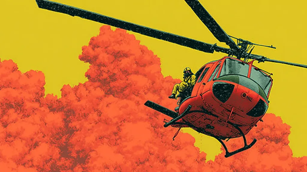 A red helicopter, carrying a firefighter, flies through a vibrant orange and yellow sky filled with thick smoke. The stylized illustration suggests a dramatic scene of firefighting, possibly during a wildfire.  The contrast between the bold colors and the intense situation creates a powerful visual. The firefighter is visible in the helicopter, adding a human element to the scene.