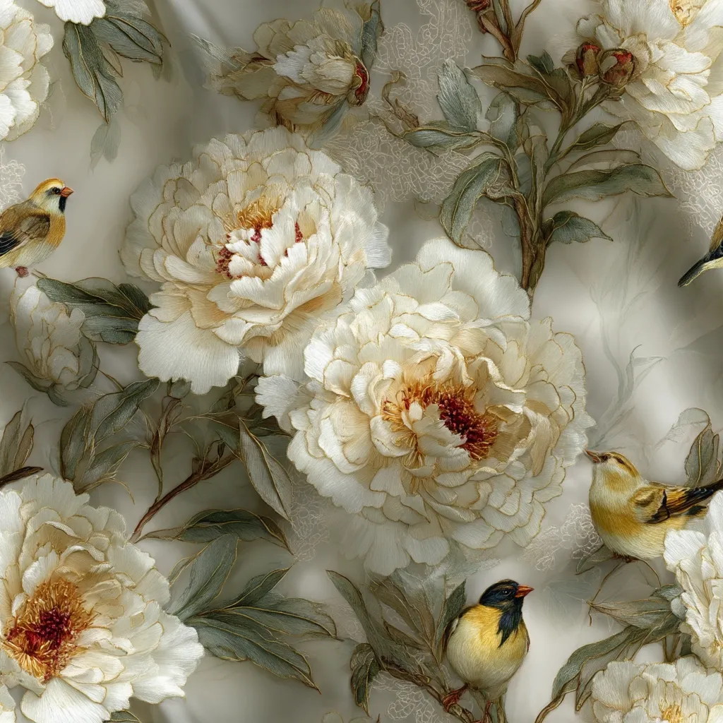 Intricate embroidery showcases creamy white peonies in full bloom, their delicate petals meticulously detailed.  Green leaves and stems intertwine, creating a lush floral tapestry.  Small, vibrant birds perch amongst the blossoms, adding a touch of life to the serene scene. The overall effect is one of elegant artistry and refined beauty.