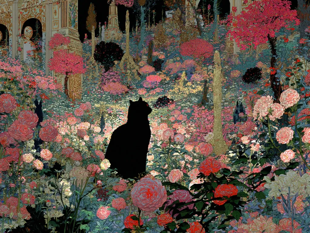 A black cat sits serenely in the midst of a vibrant, fantastical rose garden.  The garden is lush with blooms in varying shades of pink, red, and white, surrounded by an architectural backdrop suggestive of a classical ruin or temple.  Two shadowy figures, possibly cats, are partially visible in the background, adding to the mysterious and dreamlike atmosphere of the scene.  The style evokes Art Nouveau or a similar artistic movement.