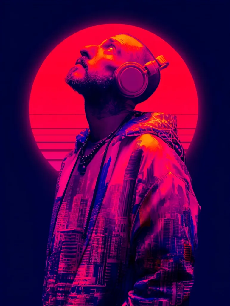 A stylized portrait of a man, possibly a musician, wearing headphones and a vibrant jacket with a cityscape print.  The image is bathed in neon red and blue hues, with a large red sun or circle behind him, evoking a retro-futuristic or synthwave aesthetic.  His head is tilted back, suggesting contemplation or enjoyment of music. The overall feel is one of cool, stylish urbanity.