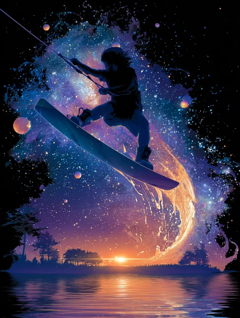 A silhouetted wakeboarder soars across a vibrant cosmic landscape.  Stars and planets swirl around them, creating a surreal, dreamy atmosphere.  A fiery, wave-like arc trails behind the board, contrasting with the tranquil lake and sunset reflected in the water below a line of trees. The image blends action sports with fantastical space art.