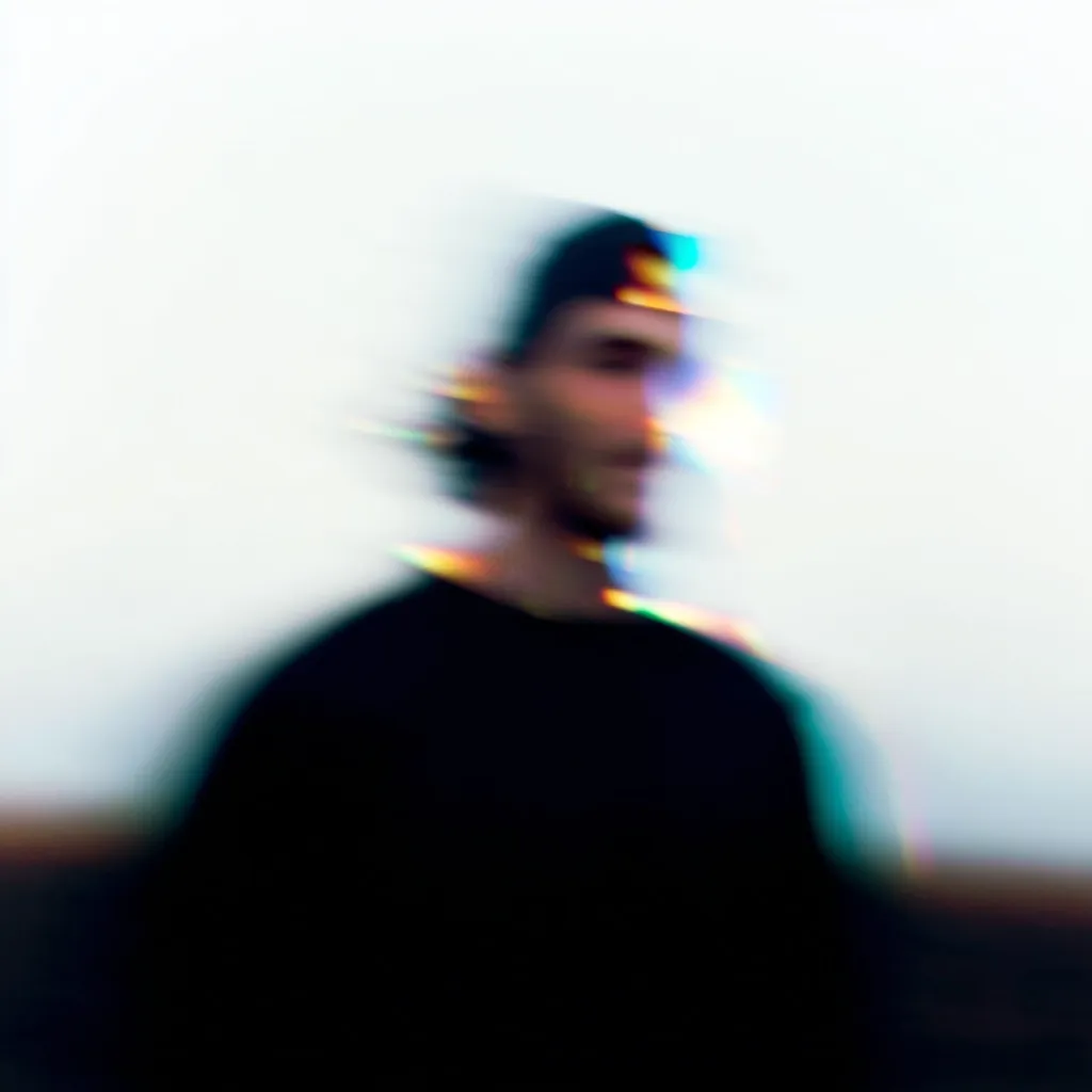 The image shows a blurred, out-of-focus portrait of a man. He appears to be wearing a dark-colored shirt and a baseball cap.  The blur effect creates a sense of motion or fleeting moment, with rainbow-like color distortions adding to the ethereal feel. The background is a bright, indistinct white.  The overall impression is one of anonymity and mystery.
