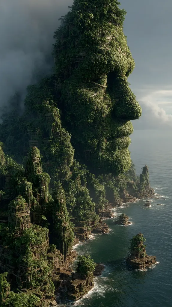 A lush, overgrown cliff face resembling a giant's weathered visage dominates the scene.  The verdant vegetation clings to ancient, crumbling structures, suggesting a lost civilization reclaimed by nature.  The cliff plunges into a tranquil ocean, dotted with smaller, similarly overgrown rock formations.  Mist hangs in the air, adding to the mystical and secluded atmosphere.