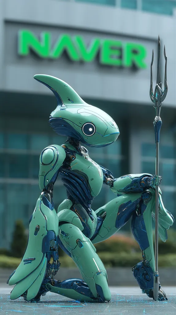 A teal-colored female robot, designed with sleek, fluid lines reminiscent of a dolphin, kneels before a modern building.  Its head is rounded with a large, single eye. It holds a trident-like staff, and its pose suggests strength and grace. The background features a blurred "NAVER" logo on a building, adding a futuristic urban context to the scene.  The robot's surface reflects light, enhancing its metallic appearance.