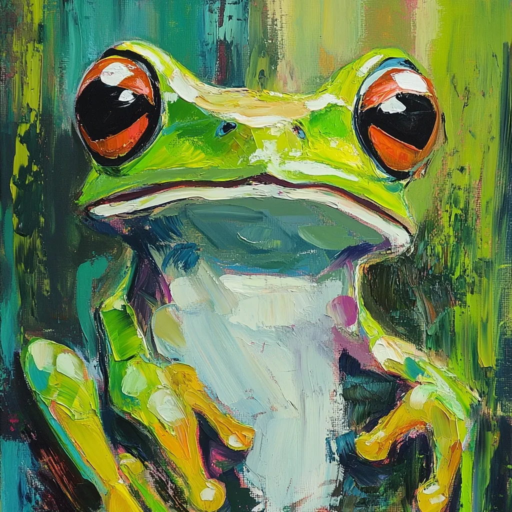 A vibrant oil painting depicts a red-eyed tree frog.  The artist uses bold, impasto brushstrokes to create a textured, expressive style.  The frog's bright green skin contrasts with its large, orange eyes and yellow-tipped toes. The background is a swirling mix of greens, blues, and yellows, enhancing the frog's lively presence.  The painting's energetic style captures the amphibian's unique beauty.