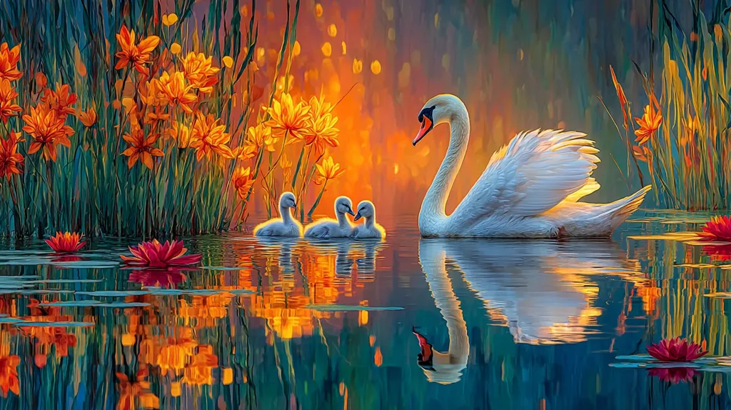 A serene painting depicts a graceful white swan and three cygnets swimming on a calm pond.  Vibrant orange flowers and lush green reeds frame the scene, reflected beautifully in the still water.  The warm, sunset-like hues create a tranquil and idyllic atmosphere.  The composition emphasizes the family of swans, their peaceful presence highlighted against the colorful backdrop.