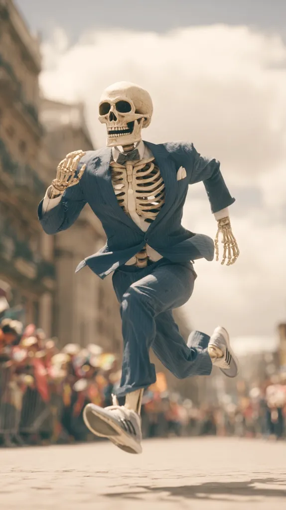 A skeleton in a blue suit and white sneakers runs through a city street.  The background is blurred, showing a crowd of people watching. The skeleton's pose conveys a sense of speed and urgency.  The image has a slightly vintage, sepia tone. The scene is surreal and humorous.