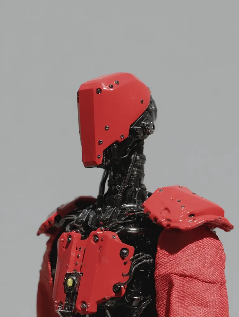 Close-up view of a robot with a predominantly red exterior.  Its head is a sleek, red helmet-like structure, and the body is a complex arrangement of dark metal components visible beneath the red panels.  A loose, red fabric drapes over the robot's shoulders, contrasting with the rigid mechanical elements. The overall aesthetic is futuristic and slightly dystopian.