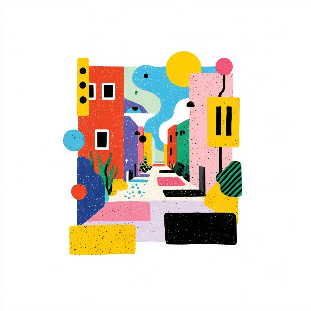 A vibrant, stylized illustration depicts a street scene with colorful buildings.  Geometric shapes and textured patterns add a playful, almost abstract quality.  The buildings are various bright hues, and the street is a mottled pastel.  A sun and whimsical clouds float above, contributing to the whimsical, artistic feel.  The overall style is modern and bold.