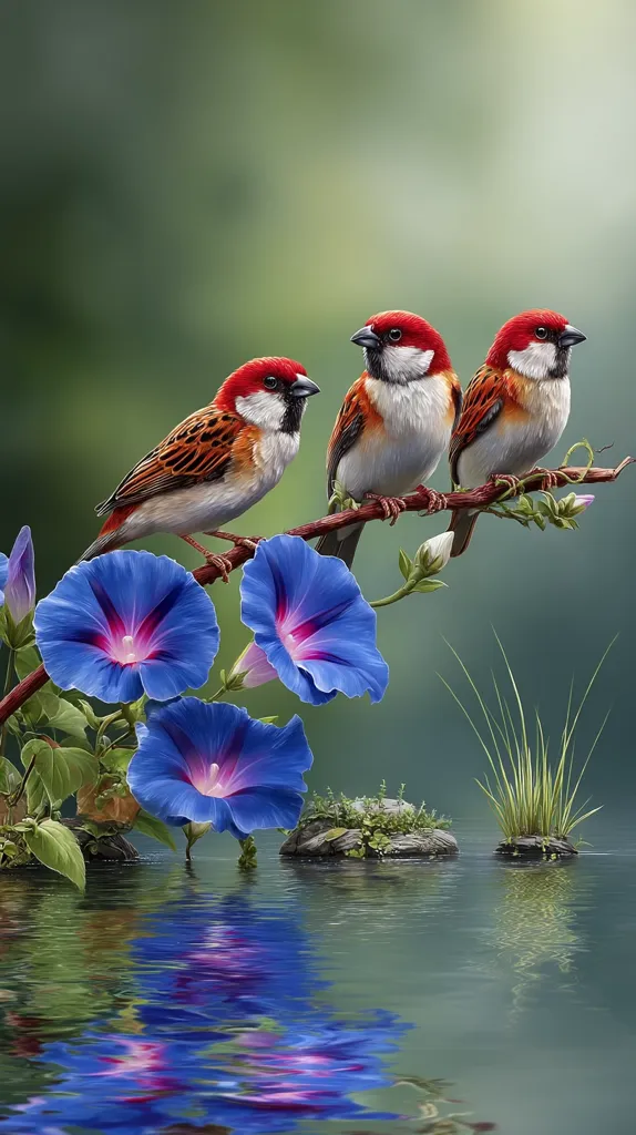 Three vibrant red and brown birds perch on a slender branch adorned with three large, vivid blue morning glory flowers.  The tranquil scene is reflected in a calm body of water, with small clumps of greenery adding to the peaceful atmosphere. The birds' bright plumage contrasts beautifully with the flowers' deep blue, creating a captivating image.