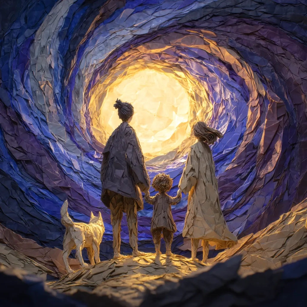 A family of three, a mother, father, and child, stand hand-in-hand before a swirling vortex of crumpled paper, reminiscent of a starry night sky.  A dog stands near them.  A bright, warm light emanates from the center of the vortex, suggesting a hopeful journey or a passage into another realm.  The artwork is crafted from textured paper, giving it a three-dimensional, almost sculptural quality.