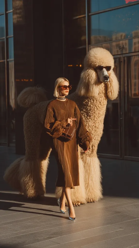 A stylish blonde woman in a brown pleated midi dress and silver heels walks alongside a giant standard poodle.  The woman carries a brown handbag and wears sunglasses.  The poodle, also wearing sunglasses, is impeccably groomed.  They are positioned in front of a modern glass building, bathed in sunlight. The overall aesthetic is one of high fashion and sophisticated elegance.