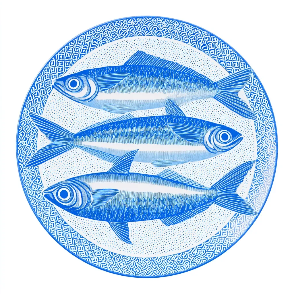 A round plate features a striking design of three blue herring, meticulously detailed, set against a white background speckled with tiny blue dots.  The plate's edge is adorned with a repeating blue geometric border. The overall style evokes a classic, possibly nautical, aesthetic. The herring are depicted realistically, showcasing their scales and form.
