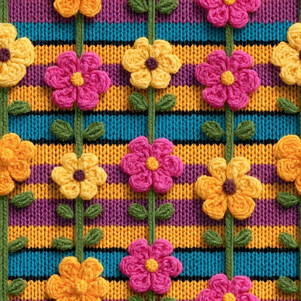 A close-up shot reveals a knitted fabric adorned with vibrant, crocheted flowers.  The flowers, in shades of pink, orange, and yellow, are arranged in vertical rows against a striped background of teal, purple, and gold.  The stems of the flowers are also crocheted, adding to the texture. The overall effect is cheerful and whimsical, reminiscent of a retro or folk art design.