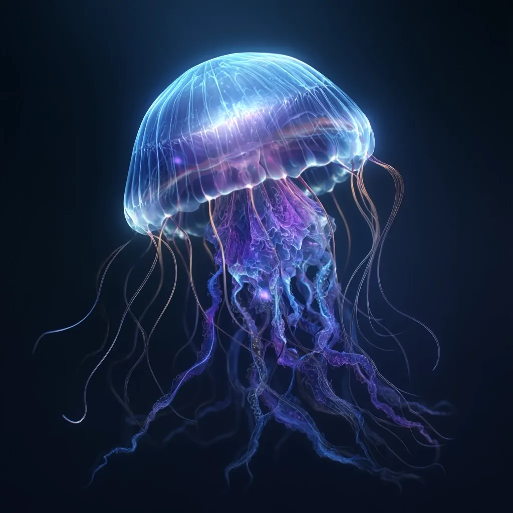 A digitally rendered jellyfish dominates the dark background.  Its bell is translucent, glowing with vibrant blue and purple hues.  Intricate, flowing tentacles trail beneath, exhibiting a similar luminescence. The jellyfish appears ethereal and otherworldly, showcasing detailed textures and a captivating light play.