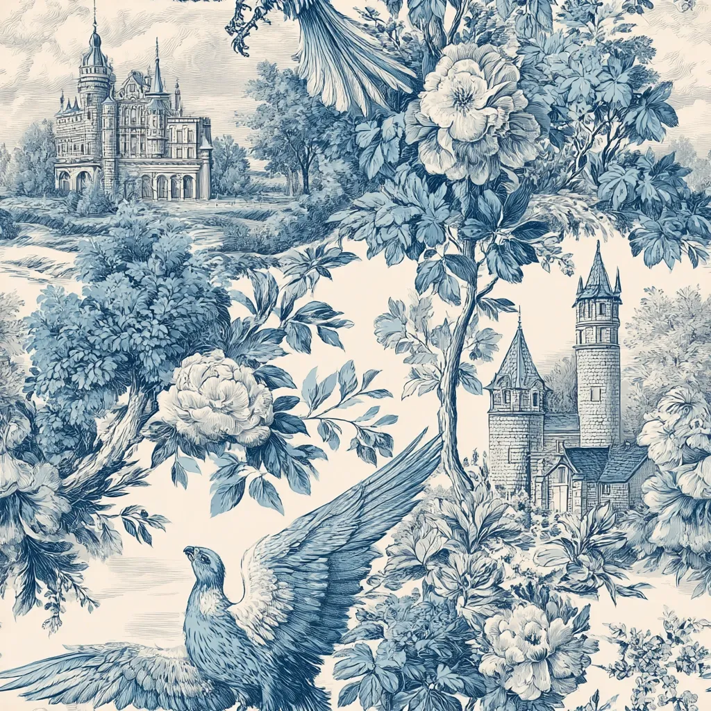 A toile-style pattern in shades of blue depicts a serene landscape.  Two castles are nestled amongst lush flowering bushes and trees. A majestic bird with outstretched wings is prominently featured, adding a sense of movement to the otherwise tranquil scene. The overall impression is one of romantic elegance and classic design.