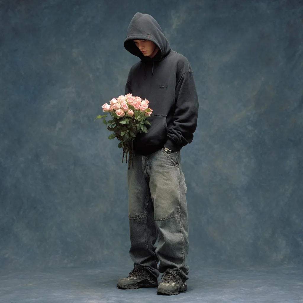 A young man, wearing a dark hooded sweatshirt and loose-fitting jeans, stands against a muted blue backdrop.  He holds a bouquet of light pink roses, his head bowed slightly, conveying a sense of contemplation or sadness.  His attire suggests a casual, possibly introspective mood. The overall image evokes a feeling of quiet emotion.