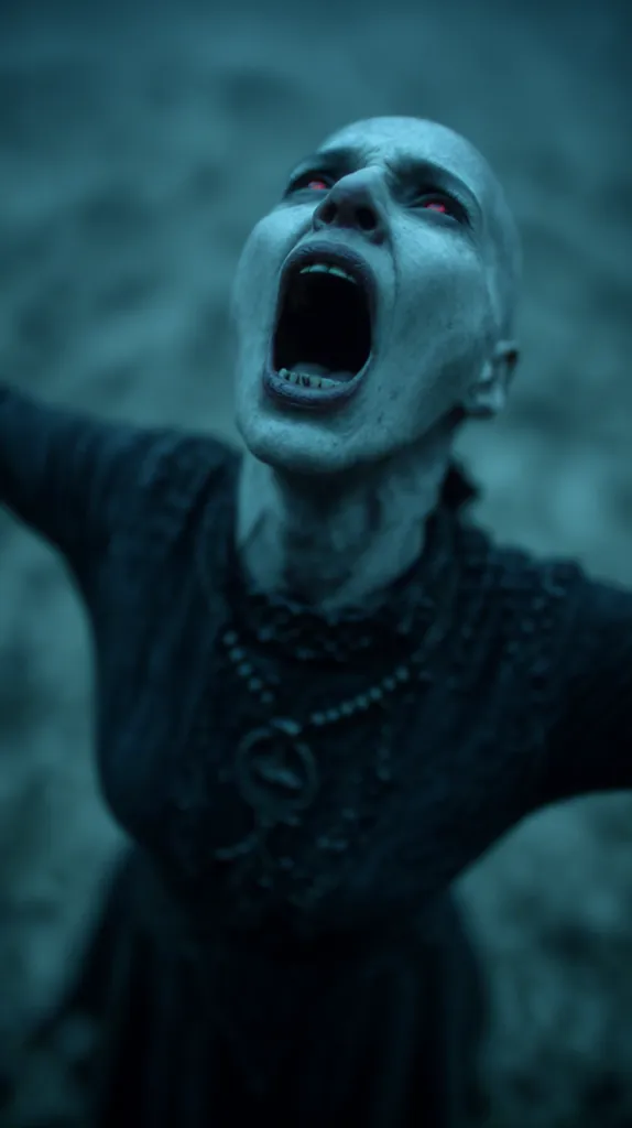 A pale, bald woman with glowing red eyes screams with her mouth wide open.  She wears a dark, textured dress and a beaded necklace. Her expression is one of intense anguish or possibly demonic possession. The background is blurry and dark, enhancing the eerie, otherworldly atmosphere. The overall image is unsettling and evokes a sense of horror.