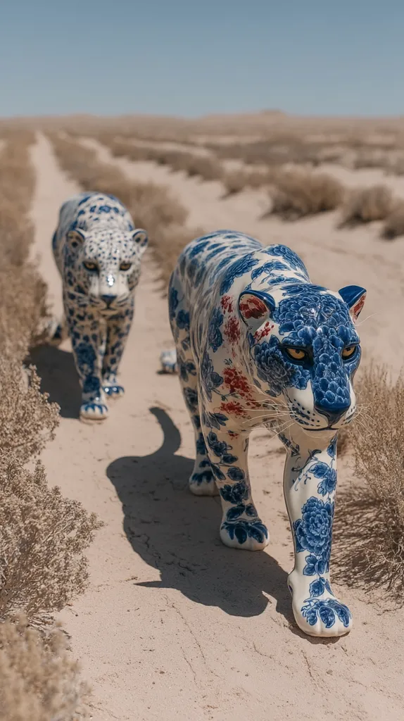 Two porcelain jaguar statues, adorned with blue and red floral patterns, stroll along a sandy path in a desert landscape.  The statues are highly detailed, capturing the jaguars' powerful presence. The contrast of the vibrant artwork against the muted desert tones creates a striking visual.  The scene evokes a sense of serenity and unexpected beauty.