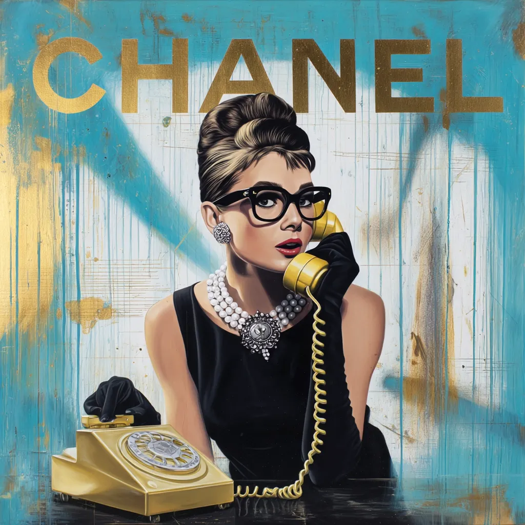 A stylized portrait of Audrey Hepburn, reminiscent of her iconic role in "Breakfast at Tiffany's," is depicted.  She's elegantly dressed in a black dress, pearl necklace, and black gloves, speaking on a vintage gold rotary telephone. The background features a turquoise and gold textured backdrop with the word "CHANEL" prominently displayed in gold lettering. The overall style blends pop art with a touch of realism, creating a glamorous and modern aesthetic.
