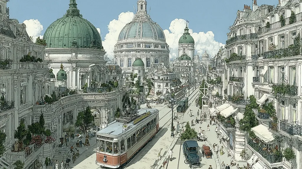 A vibrant depiction of a bustling Parisian street scene, circa 1900.  Grand, ornate buildings with balconies overflowing with greenery line the street. A streetcar, elegantly designed, traverses the avenue, carrying passengers.  The architecture is detailed, showcasing classical and Beaux-Arts influences, punctuated by large, domed structures. The overall impression is one of opulence and a thriving city life.