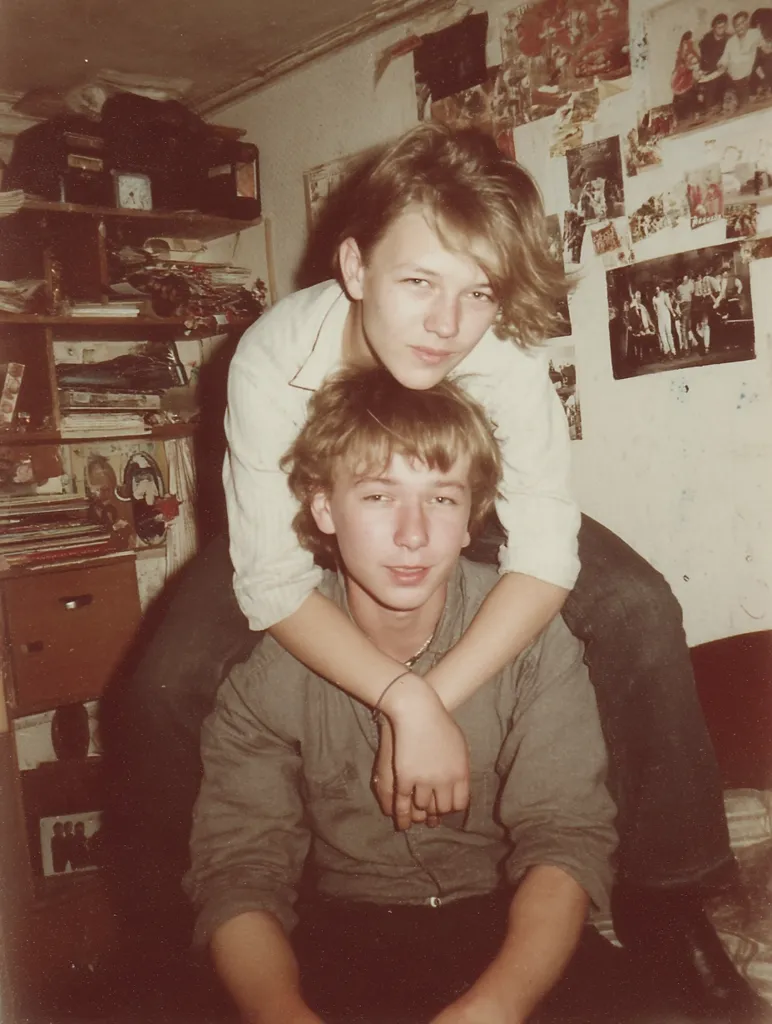 A vintage photograph shows two young men in a cluttered room.  The taller one, with shoulder-length blond hair, sits with his arms around the shorter one's shoulders.  The shorter man has shorter, light brown hair. They appear to be friends, captured in an intimate moment. The background is filled with shelves overflowing with books and personal items, and walls covered with posters and photographs, suggesting a shared living space.  The overall tone is nostalgic and informal.
