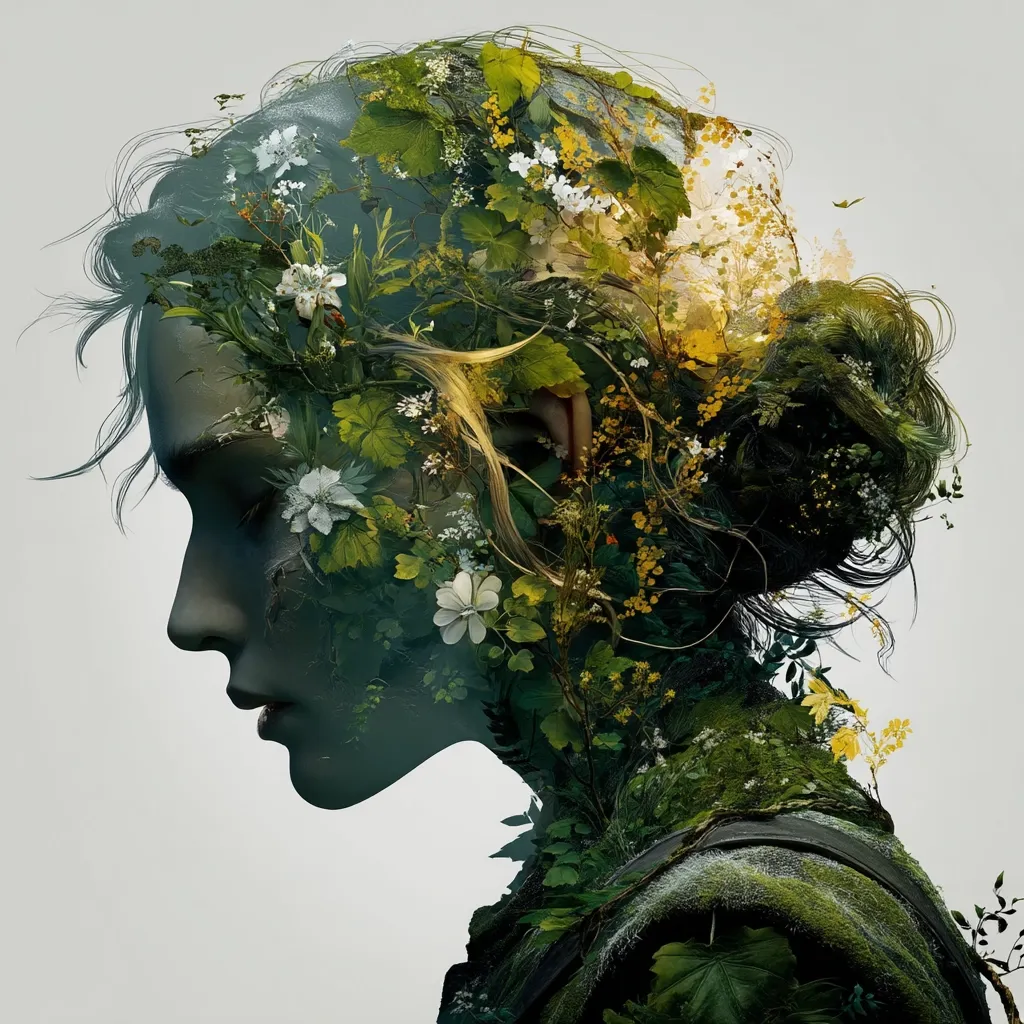 A stylized portrait of a woman's profile, seamlessly blended with lush foliage and wildflowers.  Her hair flows into the vibrant greenery, creating a harmonious fusion of human form and nature.  The overall effect is ethereal and evocative, suggesting a deep connection between the individual and the natural world.  The color palette is muted greens and yellows, emphasizing the serene atmosphere.