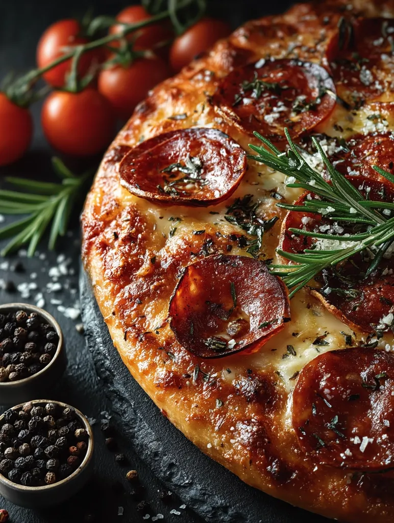 A close-up shot reveals a delectable pepperoni pizza, generously sprinkled with sea salt and rosemary.  The pizza's crust is golden brown and slightly crisp, showcasing melted cheese between the pepperoni slices.  In the background, a sprig of rosemary, a bowl of black peppercorns, and cherry tomatoes add a rustic touch to the scene.  The dark background enhances the pizza's vibrant colors and textures.
