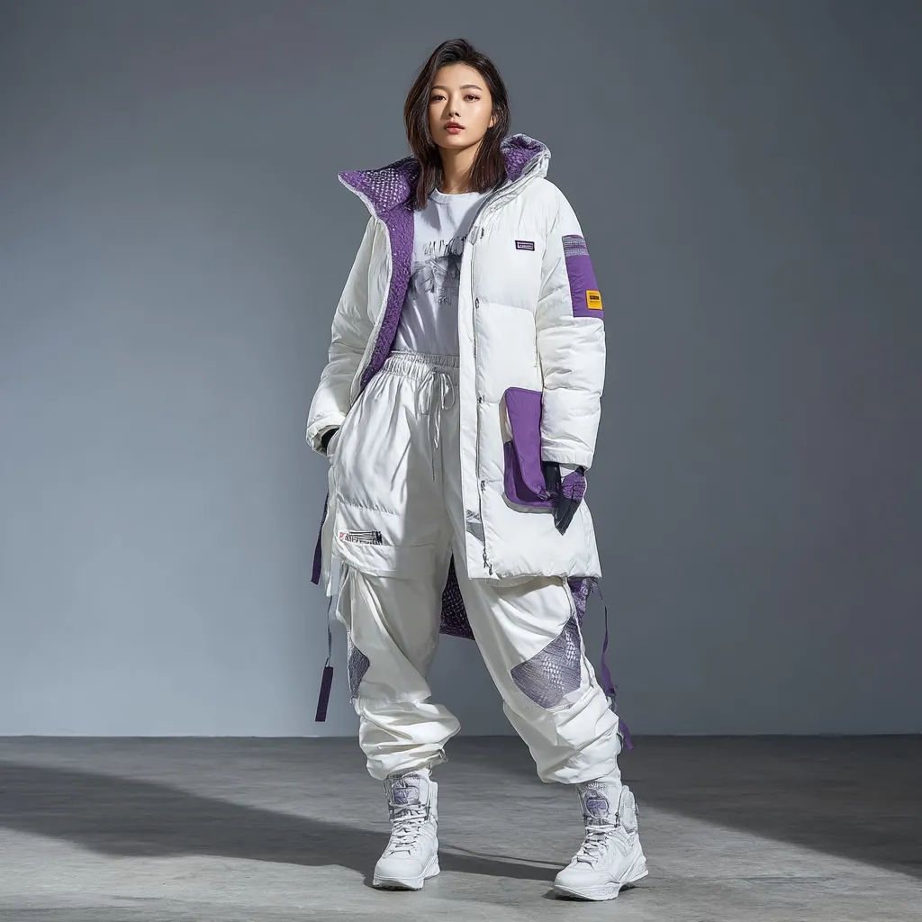 A young woman models a stylish white puffer jacket with purple accents.  The long coat features a contrasting purple lining at the collar and a purple pocket detail.  She wears matching white cargo pants with mesh panels and white high-top boots. The overall look is contemporary and sporty, suitable for cold weather.  The background is a simple grey studio setting.