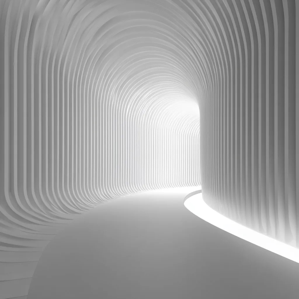 The image depicts a minimalist, abstract architectural rendering.  A curving, white tunnel or corridor is composed of numerous parallel, arched panels.  The walls create a sense of depth and perspective, leading to a brightly lit opening at the far end.  The overall aesthetic is clean, modern, and suggestive of futuristic or utopian design.  Soft, diffused light illuminates the space, emphasizing the smooth curves and seamless transitions.