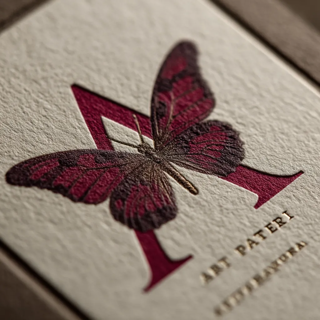 Close-up view of a textured, off-white card featuring an embossed, burgundy capital "A."  A dark burgundy and gold butterfly is intricately detailed within the letter.  Subtle text, "ART PATERI" and possibly a location, is visible below, suggesting a logo or branding element.  The image emphasizes the fine detail and high-quality printing.