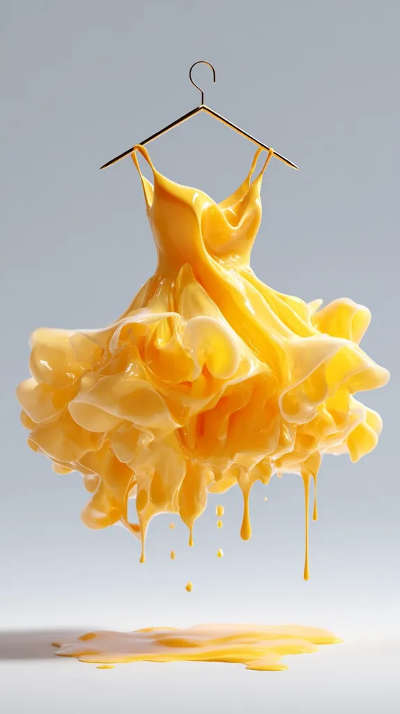 A 3D rendering depicts a yellow dress on a hanger, appearing as if made of liquid.  The dress is richly textured, with the fabric cascading in soft folds and drips, pooling on the surface below.  The overall effect is surreal and dreamlike, contrasting the familiar form of a dress with the unusual texture of a melting substance. The color palette is monochromatic, focusing on shades of yellow against a neutral gray background.
