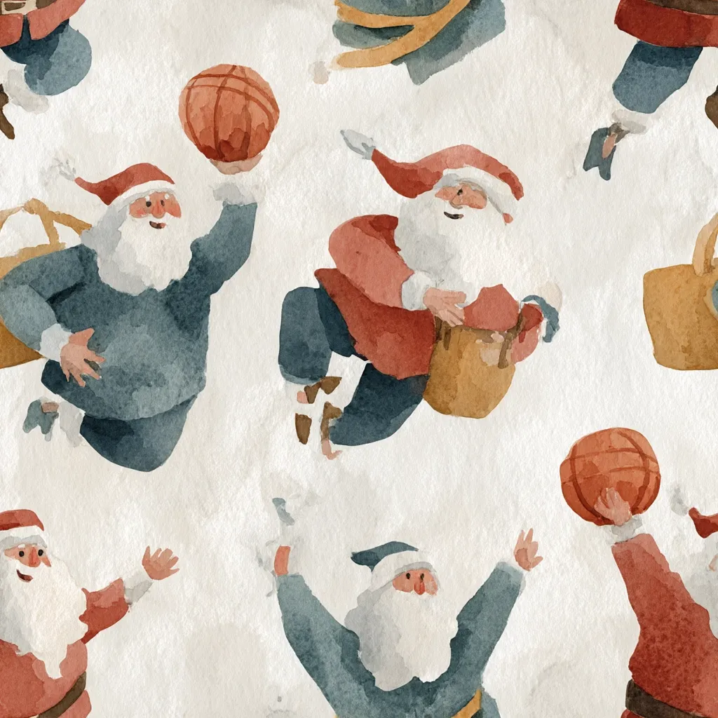A watercolor pattern features Santa Clauses playfully engaged in a basketball game.  They are depicted mid-air, some holding basketballs, others carrying sacks, all with joyful expressions.  The Santas wear varied colored coats, creating a festive and whimsical holiday scene. The light beige background complements the soft watercolor style.