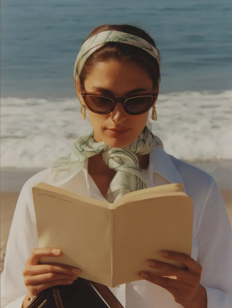 A woman with dark hair, wearing a patterned headband, sunglasses, and a silk scarf, sits on a beach. She holds an open book, her expression serene and focused. The ocean waves gently crash in the background, creating a calm and peaceful atmosphere. Sunlight illuminates the scene, enhancing the warm tones of the sand and the woman's attire. The overall image conveys a sense of tranquility and relaxation.