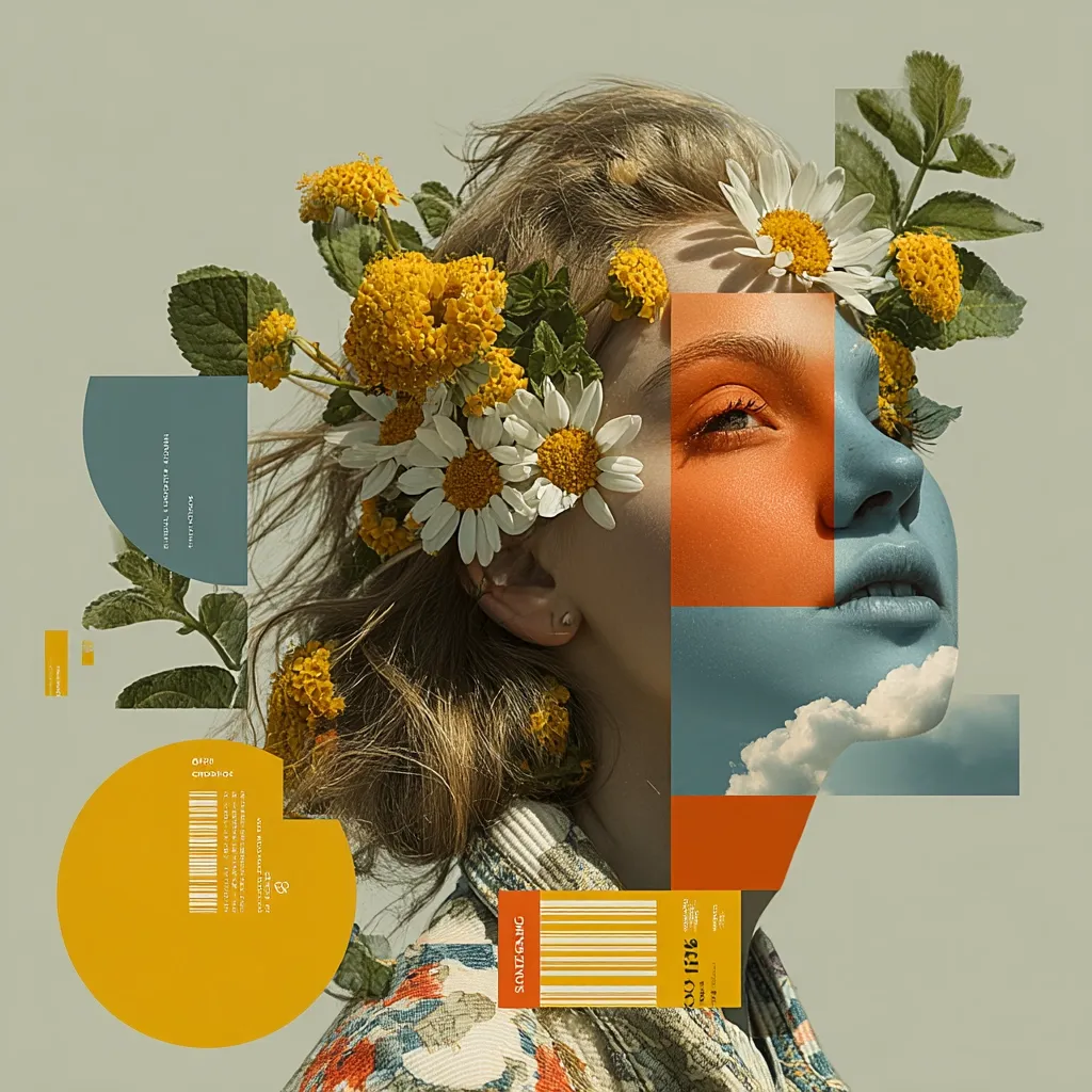 A woman's face is partially obscured by vibrant yellow and white flowers, creating a surreal collage.  Geometric shapes in orange and blue contrast with the floral elements, forming a fragmented portrait.  The overall style is reminiscent of modern art and graphic design, incorporating text and barcode-like elements.  The image's color palette is warm and evokes a feeling of springtime or summer.
