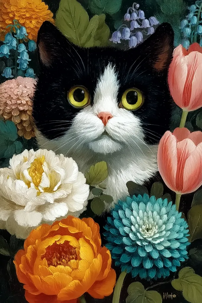 A tuxedo cat with striking yellow eyes peeks from a vibrant bouquet of flowers.  Surrounding the cat are tulips in shades of pink and orange, delicate white roses, bluebells, and a teal chrysanthemum. The painting is rendered in a realistic style, emphasizing the textures of both fur and petals.  The dark background accentuates the bright colors of the floral arrangement.