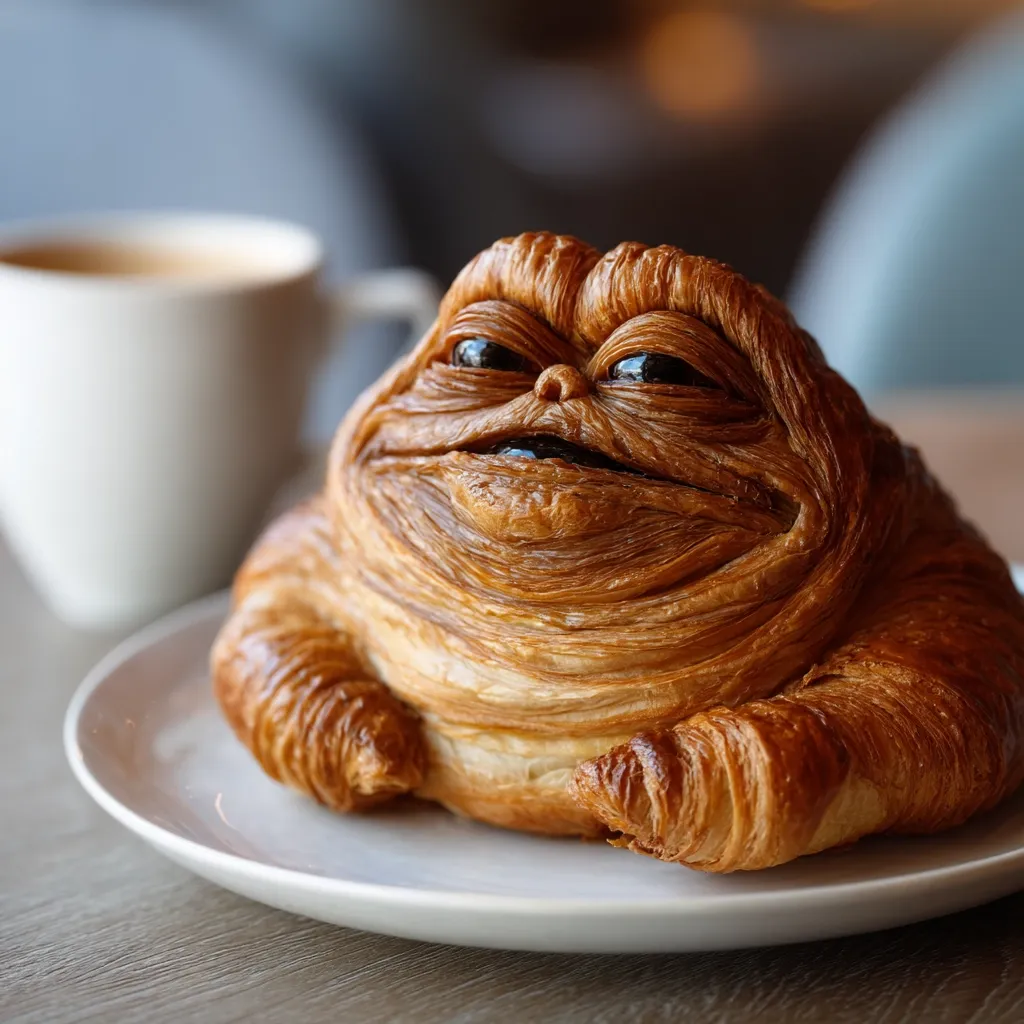 A perfectly baked croissant shaped like Jabba the Hutt from Star Wars rests on a white plate.  The pastry's golden-brown layers and detailed facial features mimic the iconic character. A cup of coffee sits blurred in the background, suggesting a delightful breakfast or brunch scene.  The image is sharply focused on the croissant, highlighting its intricate texture and playful design.