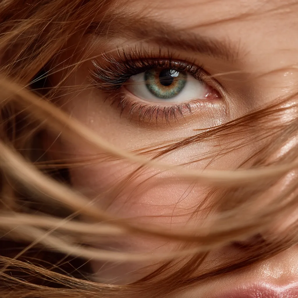 A close-up shot focuses on a woman's striking green eye, partially obscured by strands of windblown light brown hair.  The image emphasizes the detail of her long lashes and the subtle glow of her skin. The overall effect is one of ethereal beauty and natural allure.