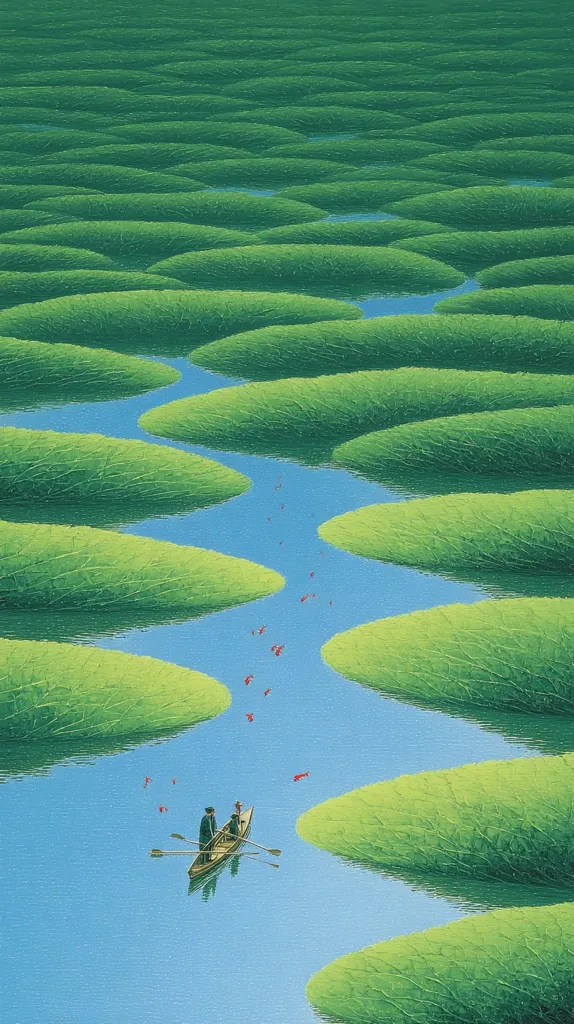 A serene painting depicts a rowboat with two figures gliding down a tranquil waterway.  The river meanders through a landscape of vibrant green, rounded landmasses, creating a textured, almost surreal effect. Scattered red dots, possibly flowers or fish, drift in the water's current, adding a touch of mystery to the peaceful scene.  The overall impression is one of calm and quiet contemplation.